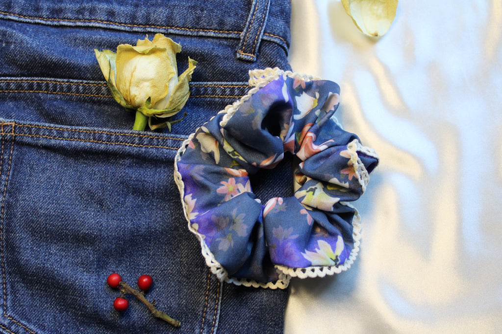 Lace Enhanced Blue Floral scrunchies Size Medium