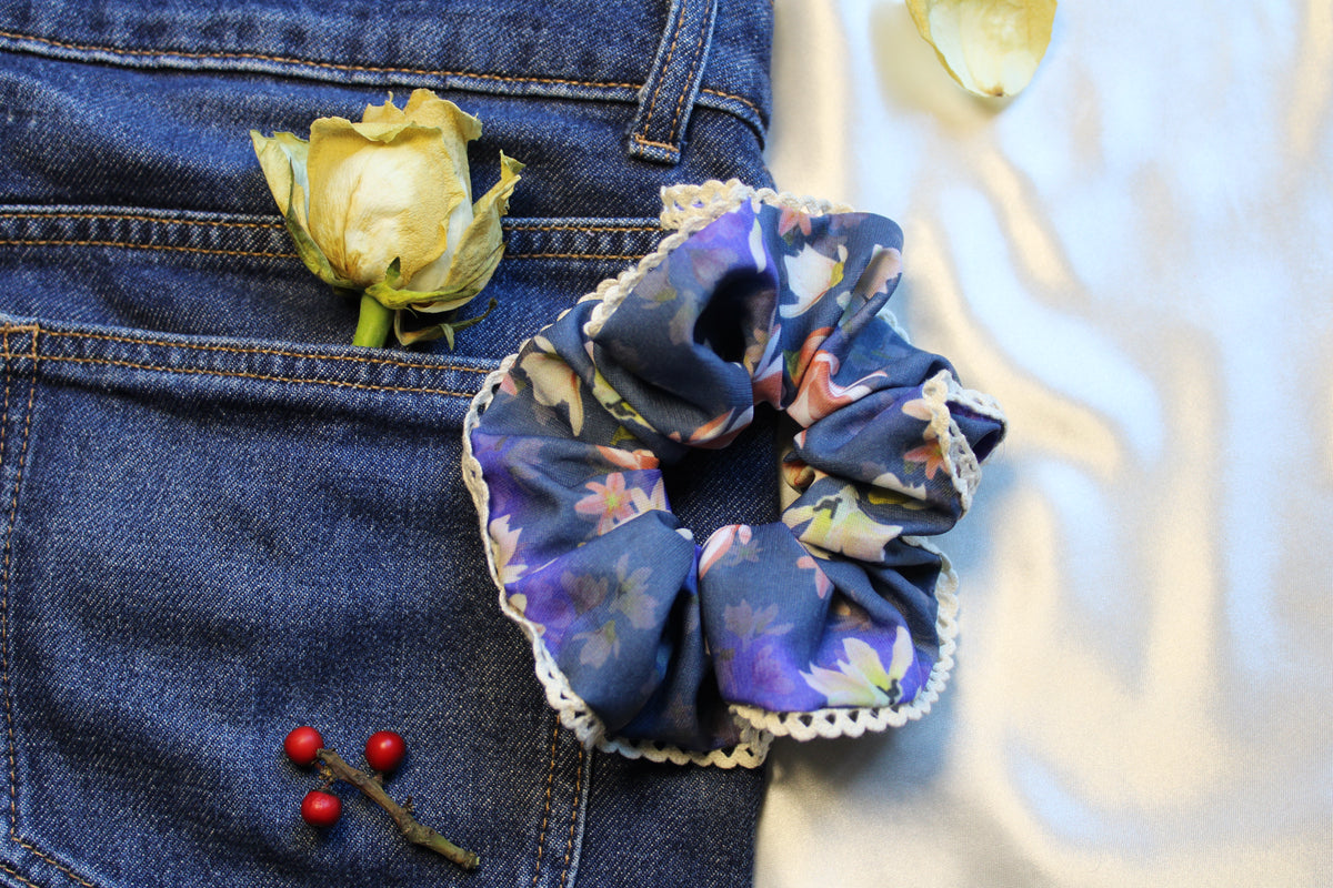 Lace Enhanced Blue Floral scrunchies Size Medium