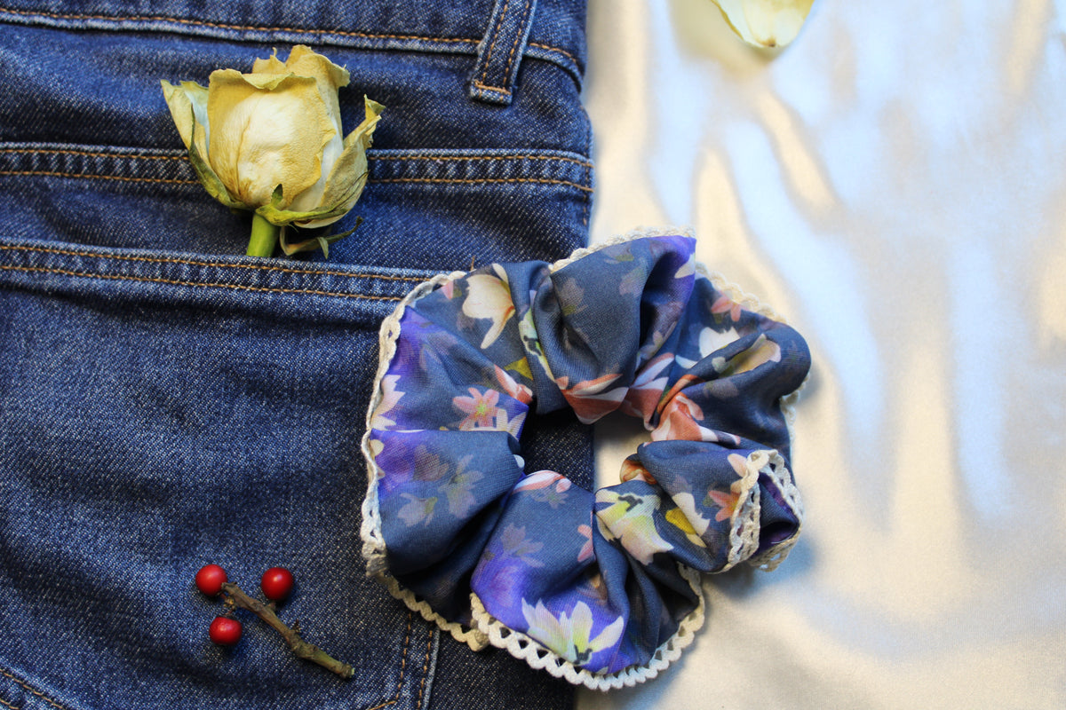 Lace Enhanced Blue Floral scrunchies Size Medium
